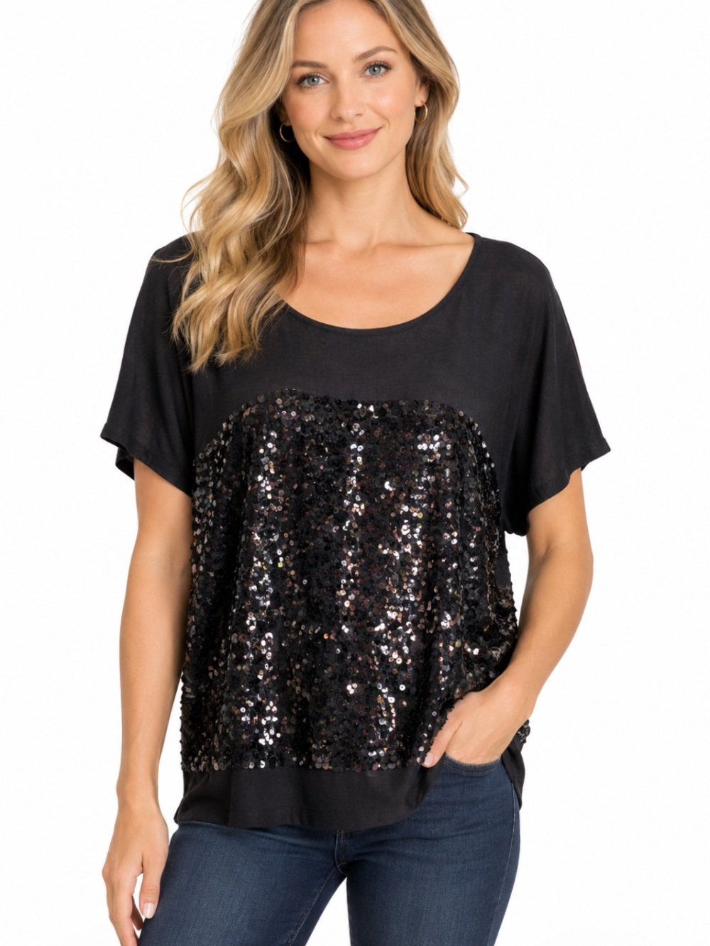 APT. 9 Black Sequin Front Side Short Sleeve Tee 0X NWOT